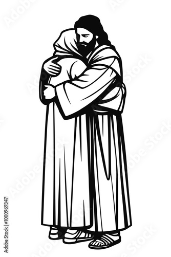 Vector linear image on white background, one line. Jesus embraces a man, Jesus embraces a sinner