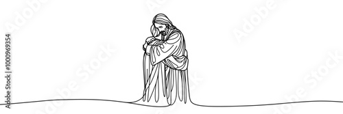 Vector linear image on white background, one line. Jesus embraces a man, Jesus embraces a sinner