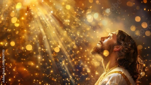 Christ with sun rays and golden bokeh