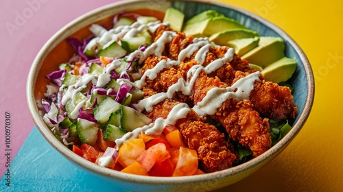 Delicious Fried Chicken Bowl with Fresh Vegetables, Avocado, and Ranch Dressing on Vibrant Table for Advertisement Poster