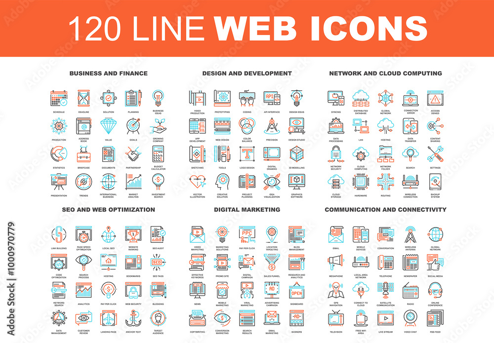 Vector set of 120 flat line web icons on following themes - business ...