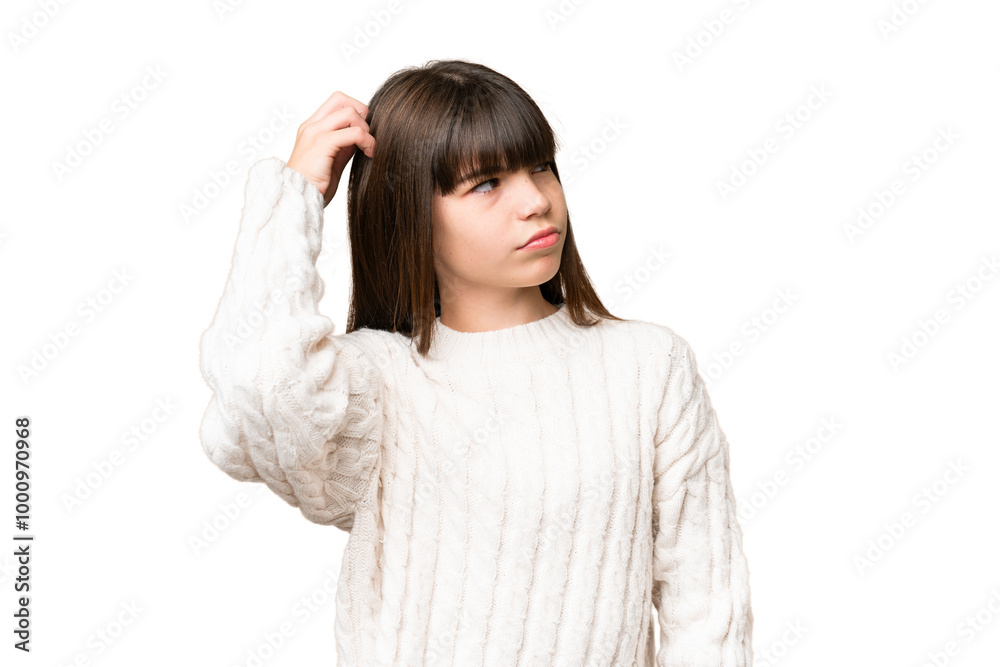 Little caucasian girl over isolated background having doubts while scratching head Little caucasian girl over isolated background having doubts while scratching head