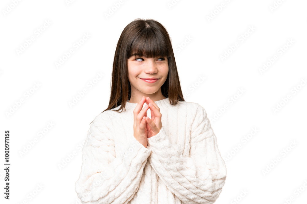 Little caucasian girl over isolated background scheming something Little caucasian girl over isolated background scheming something
