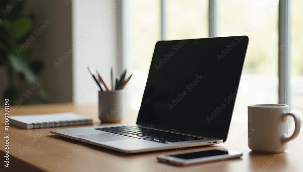 Organized modern desk with laptop and coffee Organized modern desk with laptop and coffee