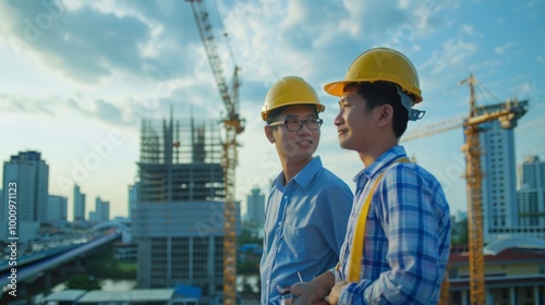 Two men wearing hard hats stand on a construction site, looking up at a crane