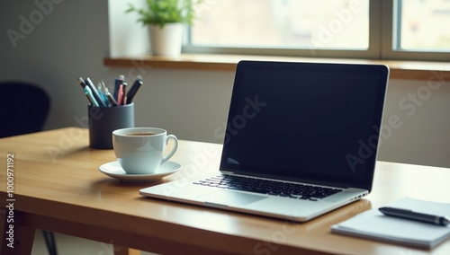 Organized modern desk with laptop and coffee