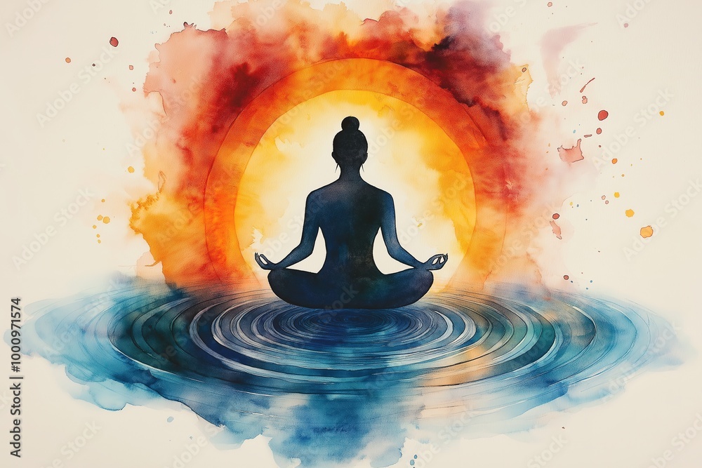 Figure in Meditation Amid Circular Watercolor Waves, Symbolizing Inner Peace and Positive Mental Health Figure in Meditation Amid Circular Watercolor Waves, Symbolizing Inner Peace and Positive Mental Health