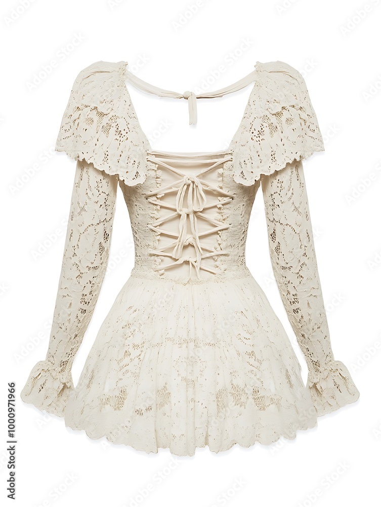 Obraz premium Back View of Off-White Lace Dress with Ruffles and a Tie Back