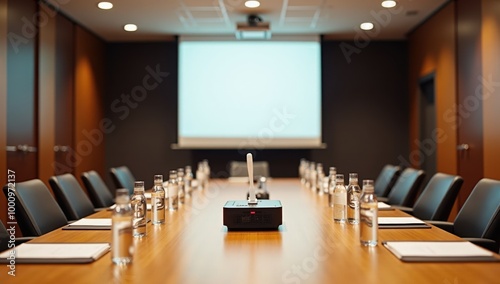 Conference table with projector and water bottles