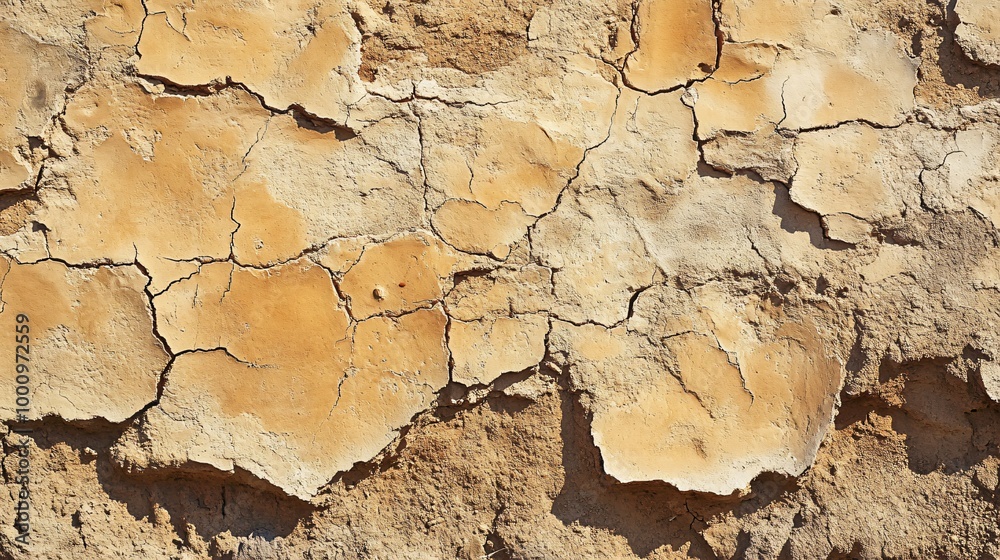 Close up of cracked and textured dirt wall, showing the rough, eroded, and weathered surface. Close up of cracked and textured dirt wall, showing the rough, eroded, and weathered surface.