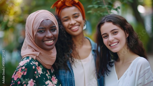 Friendly young women from different ethnic backgrounds, standing closely and smiling warmly photo