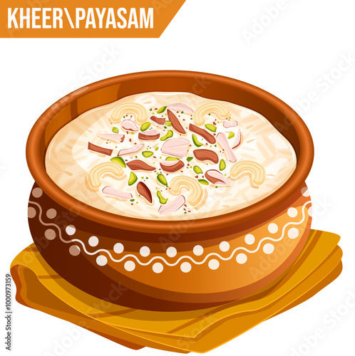 Kheer in Mud Pot Garnished with Cashews, Pistachio and Almonds - Asian Dessert Vector Art