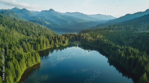 Mountain lake with forest reflection and scenic peaks 