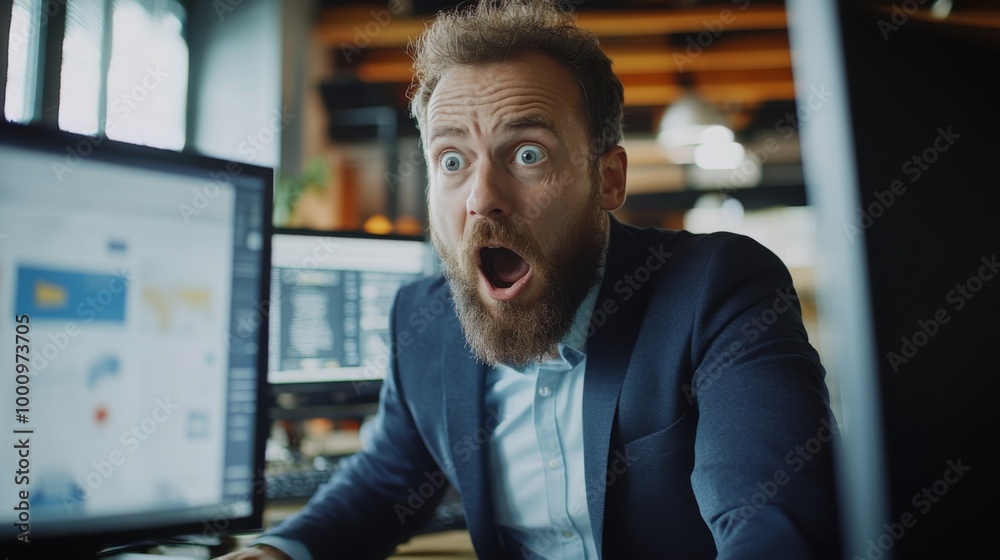 Obraz premium Surprised young man at work in modern office