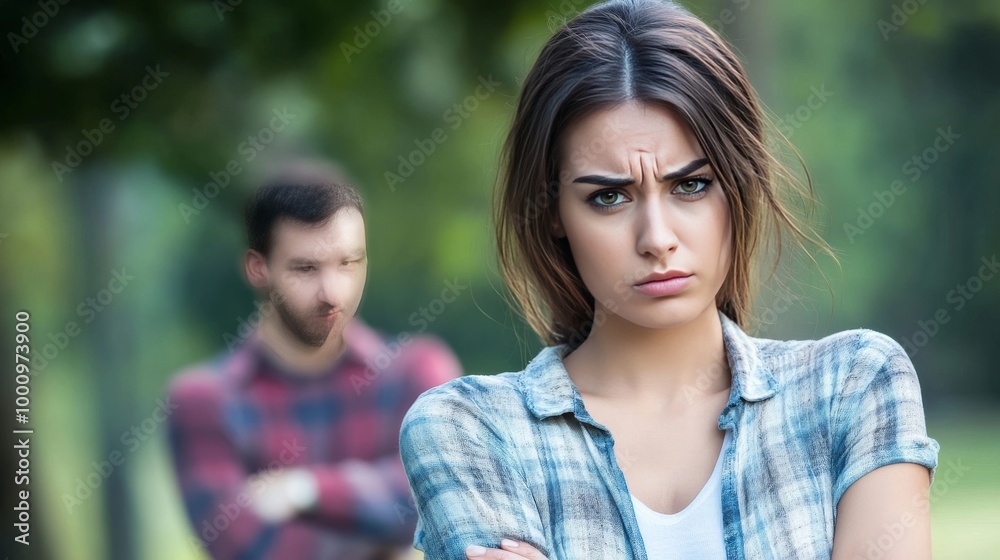 Woman in distress talks to man about relationships outdoors. Woman in distress talks to man about relationships outdoors.