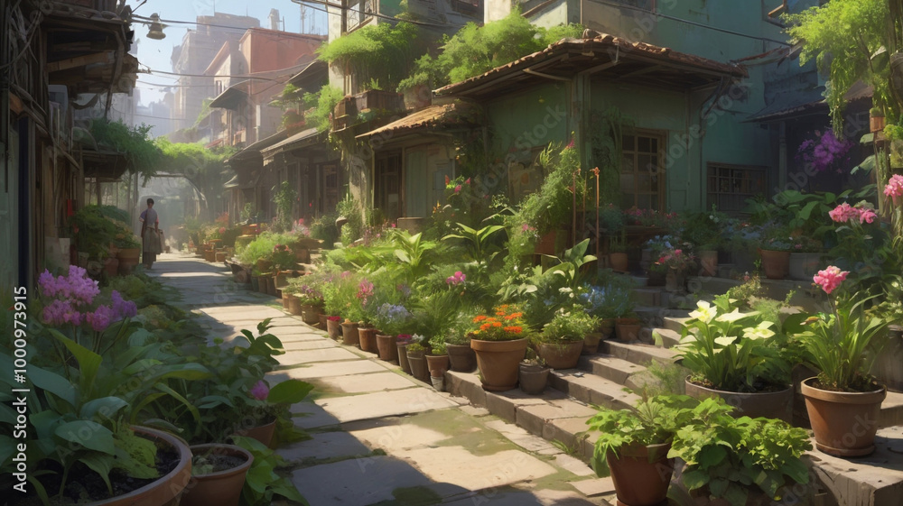 Urban Garden with Diverse Plants in a City Setting Urban Garden with Diverse Plants in a City Setting
