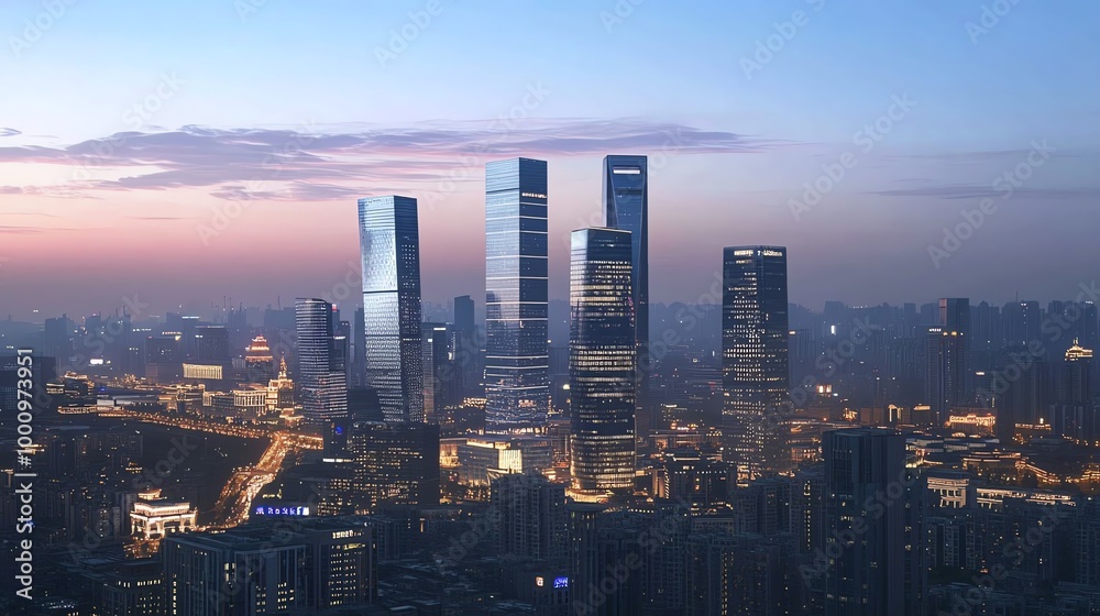 A panoramic view of a modern city skyline at dusk. A panoramic view of a modern city skyline at dusk.