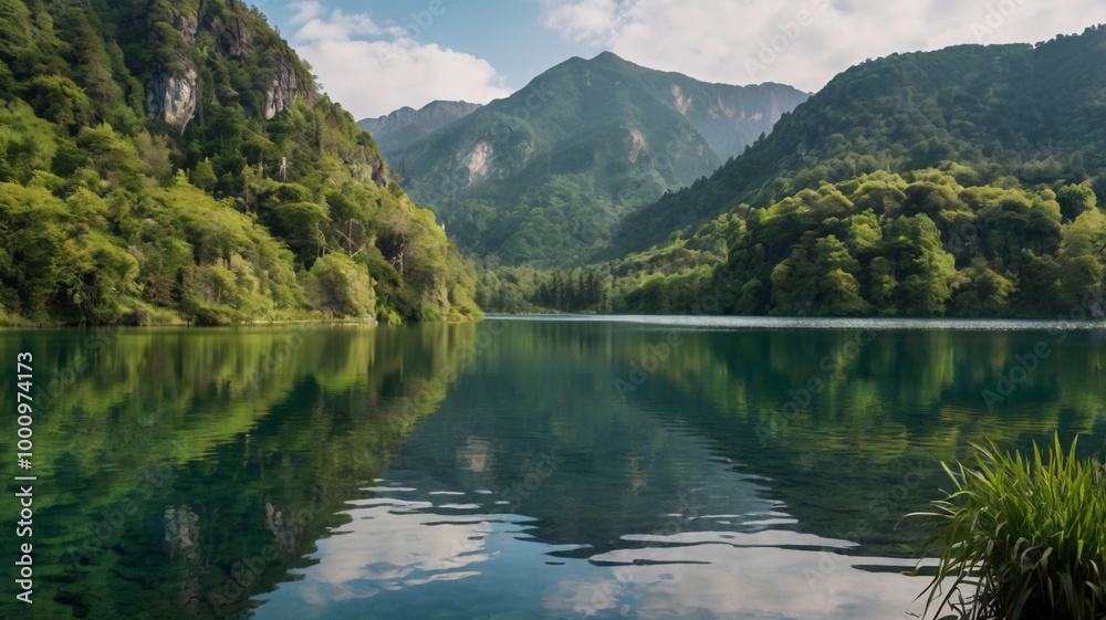 Panoramic View of a Tranquil Lake Surrounded by Greenery Panoramic View of a Tranquil Lake Surrounded by Greenery