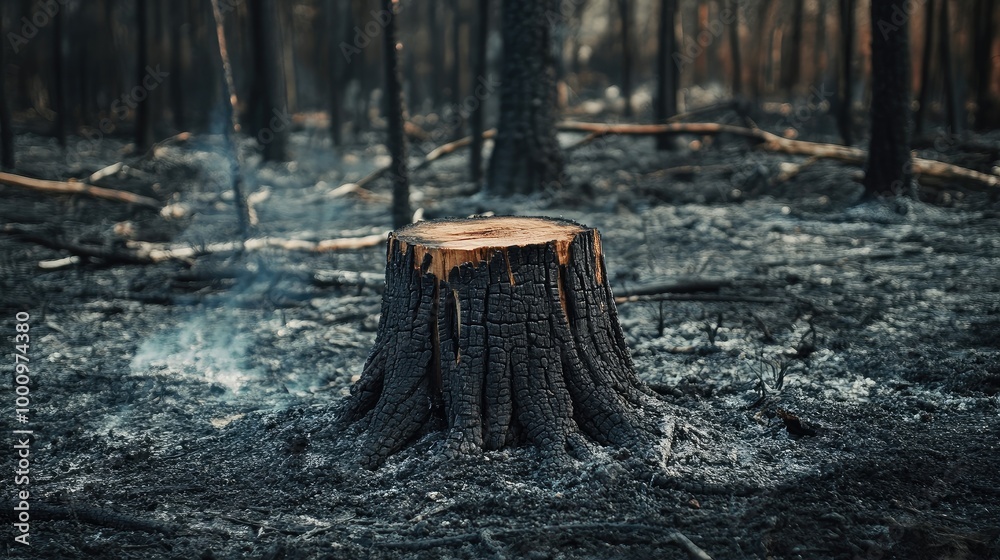 A burned tree stump remains in a barren, ash-covered forest, showing the long-lasting environmental damage caused by a severe wildfire. A burned tree stump remains in a barren, ash-covered forest, showing the long-lasting environmental damage caused by a severe wildfire.
