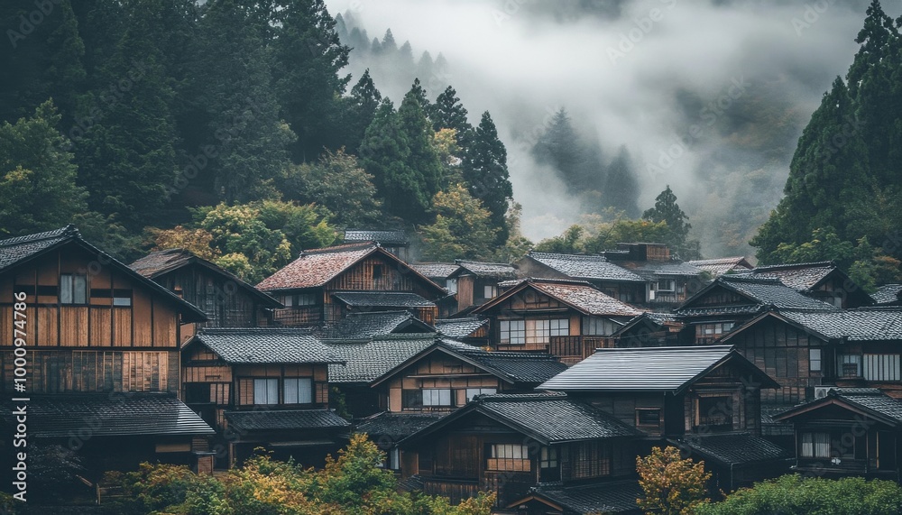 Traditional Japanese Village. Wooden Houses in the Mountains. Rural Japanese Landscape. Traditional Japanese Architecture. Traditional Japanese Village. Wooden Houses in the Mountains. Rural Japanese Landscape. Traditional Japanese Architecture.
