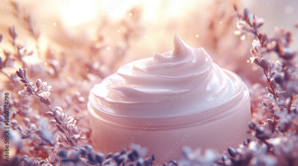 A luxurious 3D rendering of face cream with intricate details, surrounded by a soft halo of light A luxurious 3D rendering of face cream with intricate details, surrounded by a soft halo of light