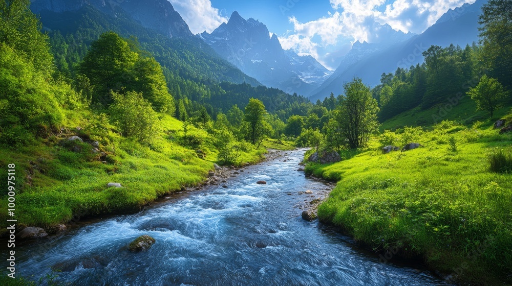 Serene River Flowing Through a Lush Green Valley Surrounded by Mountains Serene River Flowing Through a Lush Green Valley Surrounded by Mountains