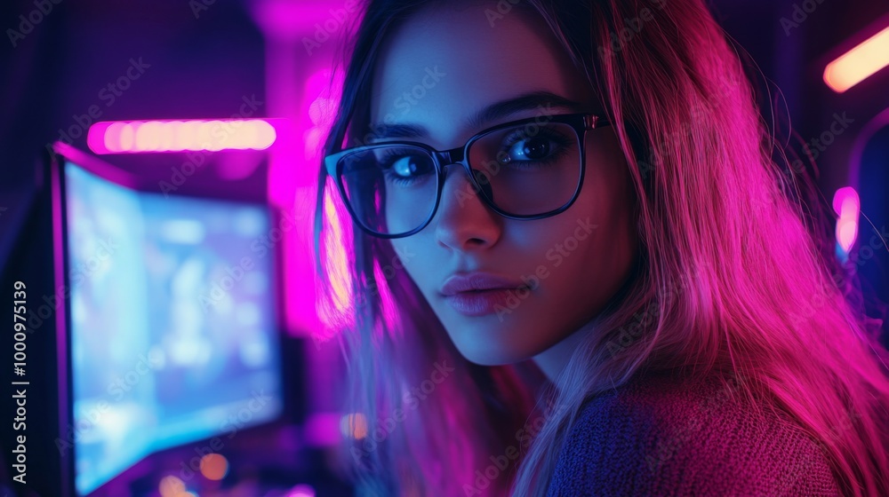 Woman Gaming in Neon-Lit Room Woman Gaming in Neon-Lit Room
