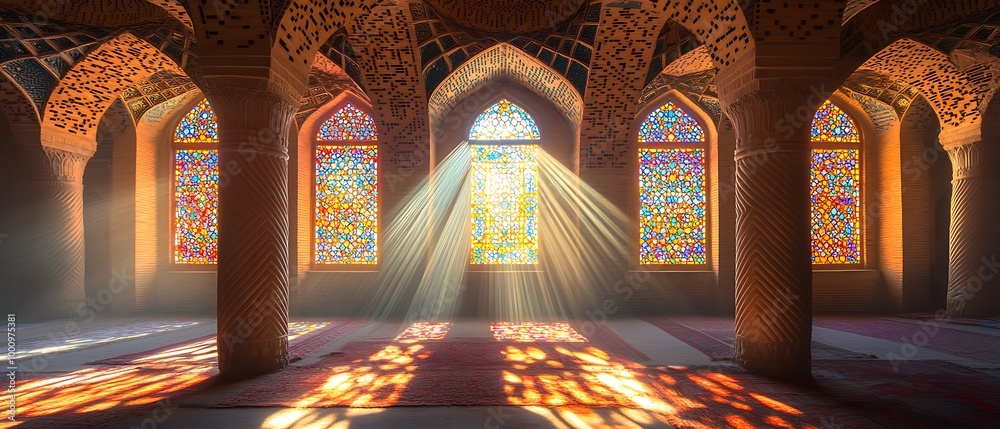 Sunlight streaming through stained glass windows in a grand hall Sunlight streaming through stained glass windows in a grand hall
