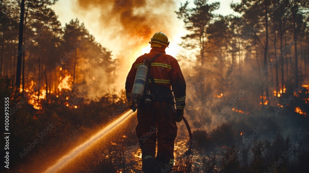 Naklejka premium Firefighter in Action Battling Wildfire