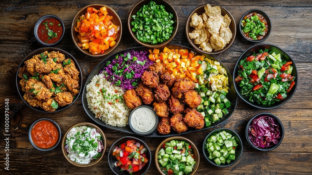 Delicious Fried Chicken Meal with Colorful Sides on Wooden Table for Advertisement Poster Delicious Fried Chicken Meal with Colorful Sides on Wooden Table for Advertisement Poster