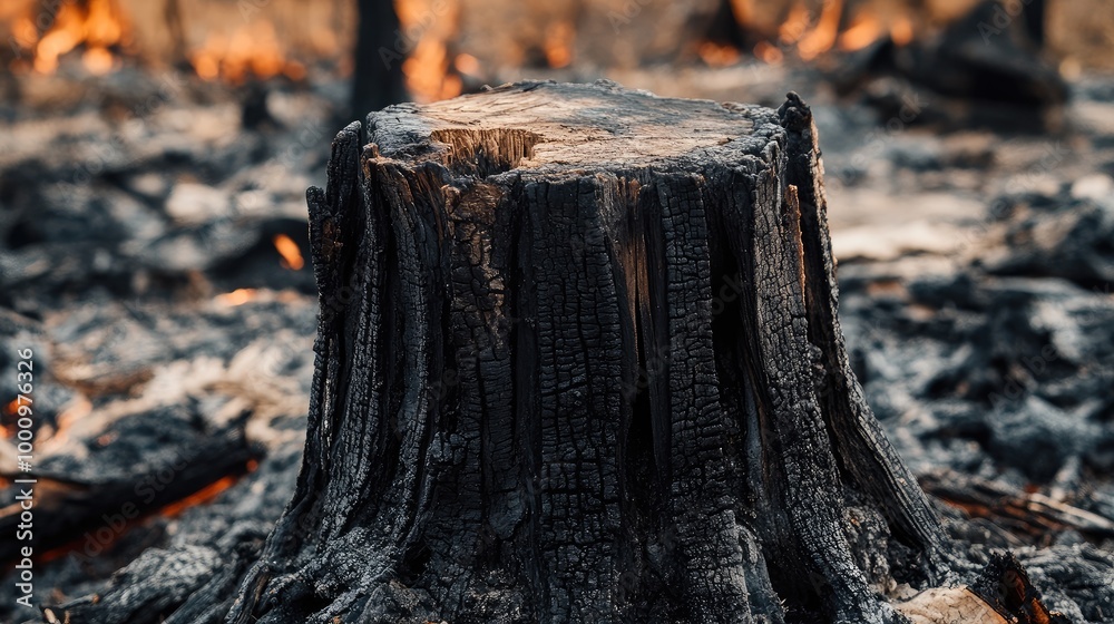 Close-up of a blackened tree stump in the aftermath of a forest fire, the devastation of the environment evident in the scorched landscape. Close-up of a blackened tree stump in the aftermath of a forest fire, the devastation of the environment evident in the scorched landscape.