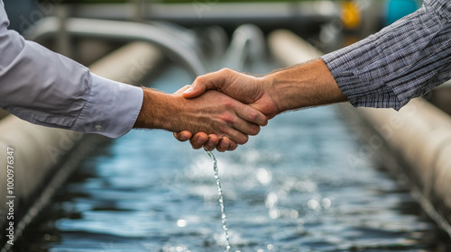 Entrepreneurs shaking hands over clean water reservoir, symbolizing collaboration and commitment to sustainable water solutions. This moment reflects trust and partnership in environmental initiatives
