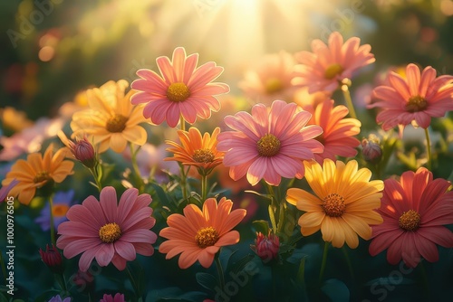 beautiful summer flowers basking in the solstice sun vibrant colors illuminated by golden light capturing the essence of midsummer joy and natures bounty in a lush blooming setting