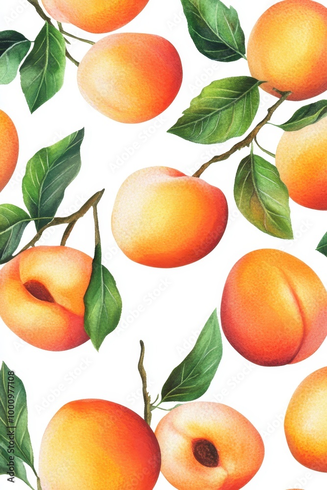 Seamless Pattern of Juicy Peaches with Green Leaves on White Background - Vibrant and Fresh Fruit Illustration Seamless Pattern of Juicy Peaches with Green Leaves on White Background - Vibrant and Fresh Fruit Illustration