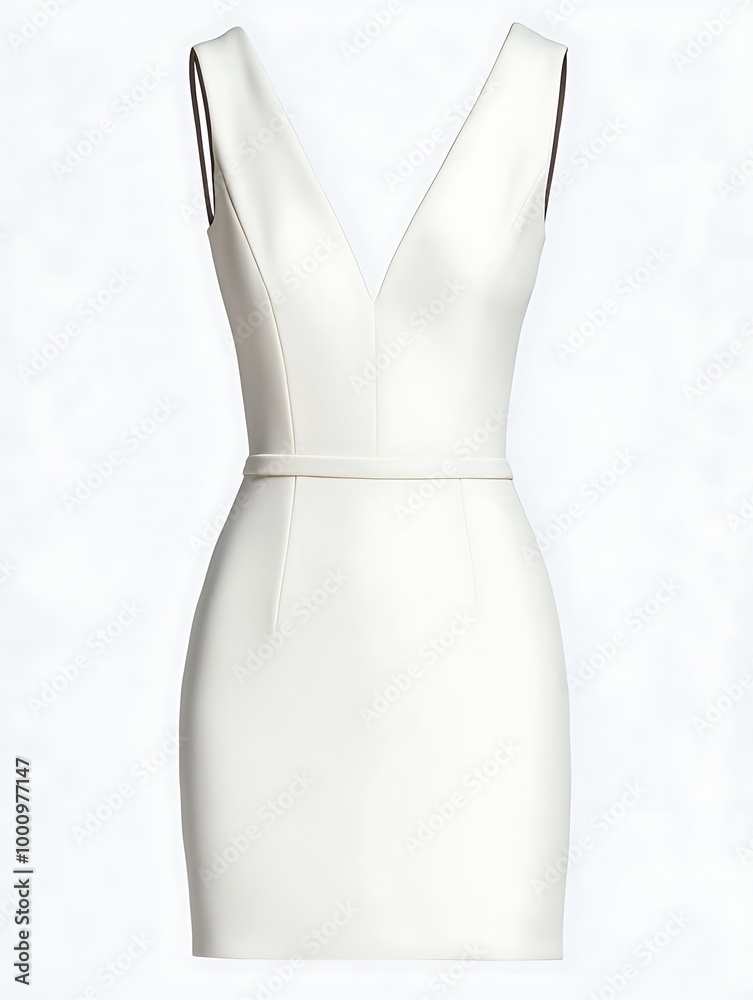 White Sleeveless V-Neck Dress with Black Belt. White Sleeveless V-Neck Dress with Black Belt.