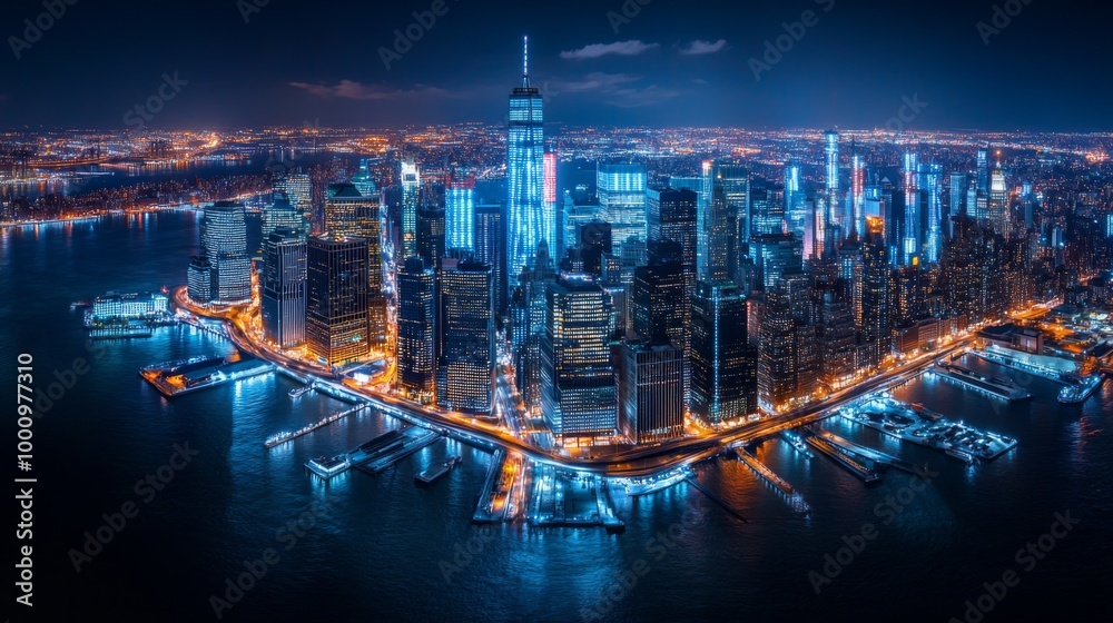 Fototapeta premium Aerial Night View of Illuminated Cityscape