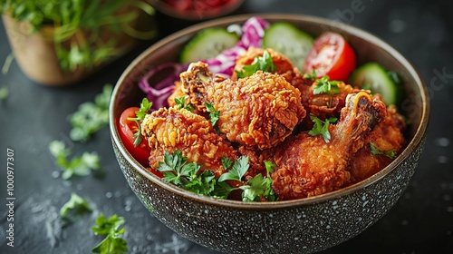 Delicious Fried Chicken Meal in Stylish Bowl with Fresh Vegetables and Herbs on Modern Table - Ad Poster Photography