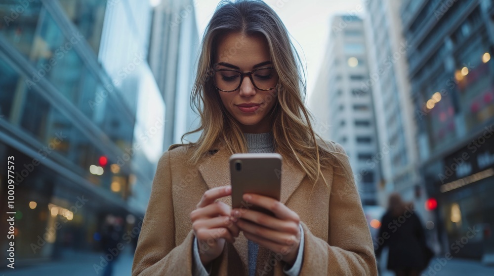 Fototapeta premium Woman Using Smartphone in Urban Setting