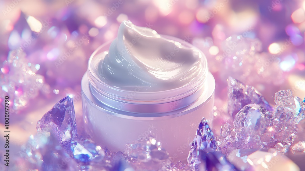 An ethereal 3D representation of face cream, surrounded by floating crystals and soft pastel hues