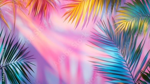 Palm leaves with a vibrant, neon glow.