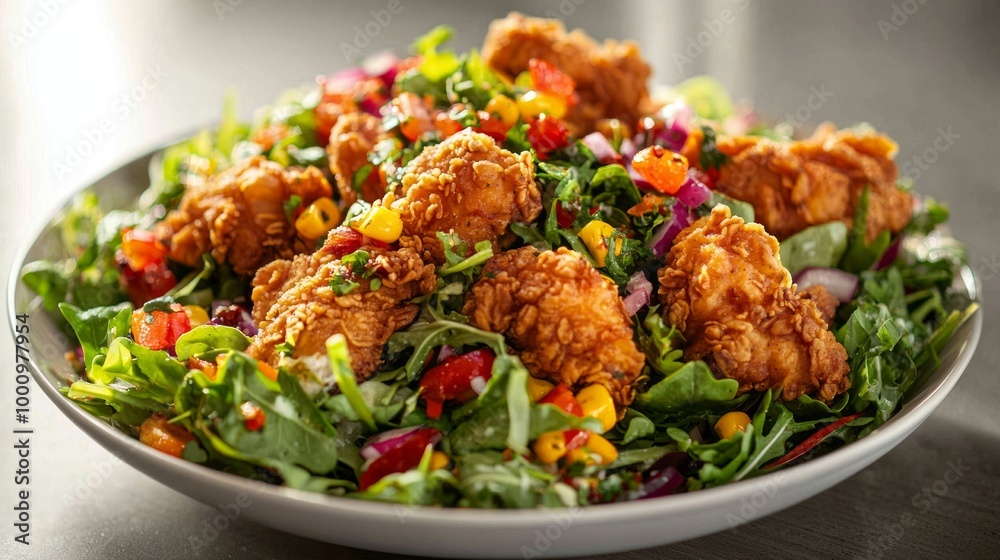 Crispy Fried Chicken Salad Delight on Stylish Plate | Vibrant Greens & Colorful Toppings Ad Poster Crispy Fried Chicken Salad Delight on Stylish Plate | Vibrant Greens & Colorful Toppings Ad Poster