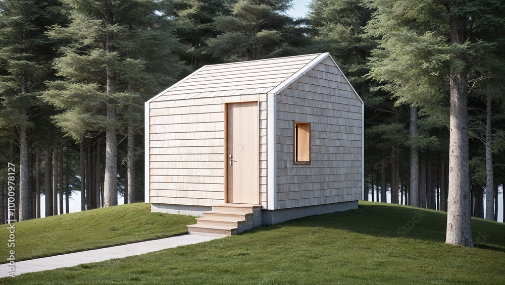Obraz premium The cabin features a simple, rectangular design with a steeply pitched roof. The exterior is clad in light-colored wooden shingles, blending harmoniously with the natural surroundings