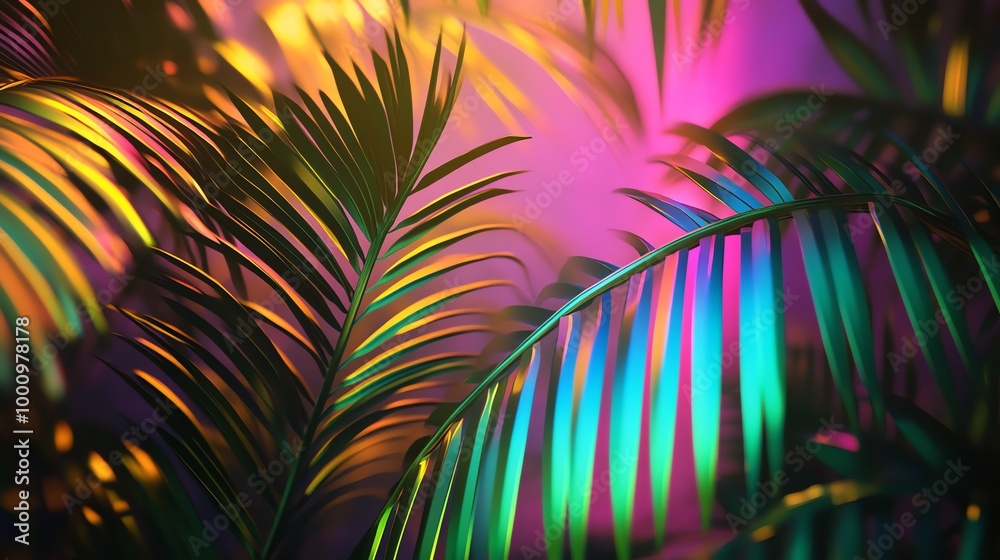 Palm leaves illuminated by colorful, vibrant lights. Palm leaves illuminated by colorful, vibrant lights.