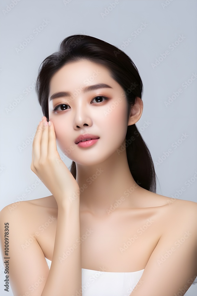 Elegant Portrait of a Young Woman with Natural Beauty, A gentle hand touched his cheek. Elegant Portrait of a Young Woman with Natural Beauty, A gentle hand touched his cheek.