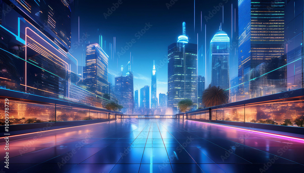 Futuristic Office Scene with Neon Lighting and Big Data Themes Futuristic Office Scene with Neon Lighting and Big Data Themes