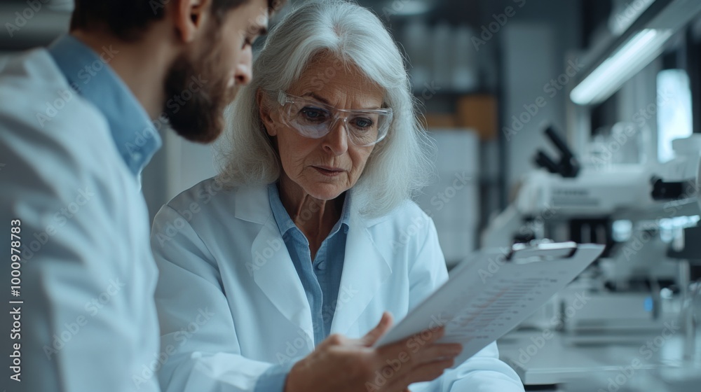 Senior Scientist Collaborating with Colleague in Laboratory Senior Scientist Collaborating with Colleague in Laboratory