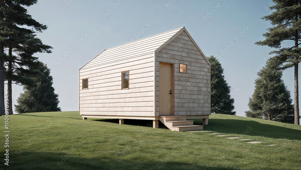 The cabin features a simple, rectangular design with a steeply pitched roof. The exterior is clad in light-colored wooden shingles, blending harmoniously with the natural surroundings The cabin features a simple, rectangular design with a steeply pitched roof. The exterior is clad in light-colored wooden shingles, blending harmoniously with the natural surroundings