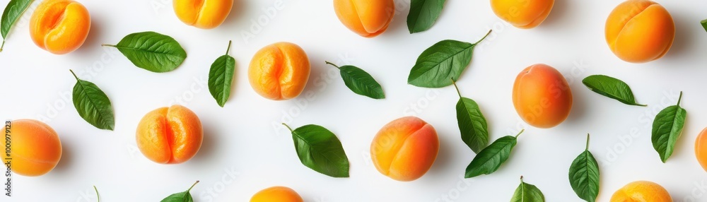 Fresh Apricots and Green Leaves Pattern on White Background - Top View of Vibrant Summer Fruits