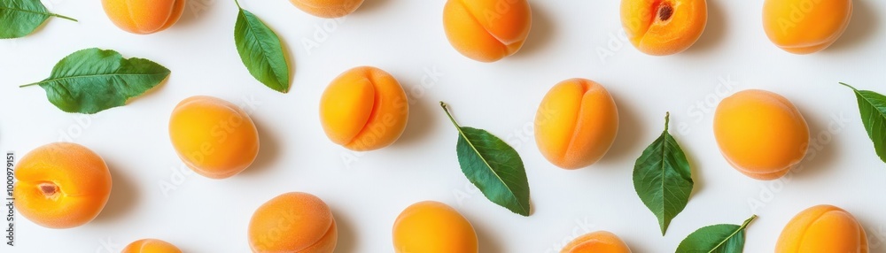 Fresh Apricots and Green Leaves Pattern on White Background - Vibrant Summer Fruit Arrangement Fresh Apricots and Green Leaves Pattern on White Background - Vibrant Summer Fruit Arrangement