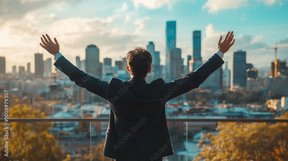 Businessman Triumphantly Overlooking Cityscape Businessman Triumphantly Overlooking Cityscape